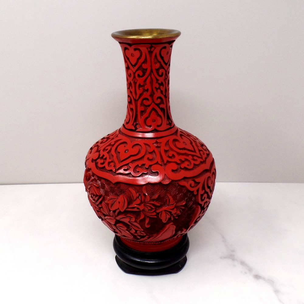 Vintage Cinnabar Style Vase, 9 Inch, Red, Carved Floral Brass Rim Wood Base